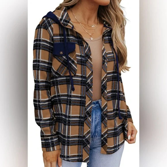 NWT Hem & Thread Starting Again Plaid Hooded Long Sleeve Flannel Top Navy/Camel - Picture 4 of 13